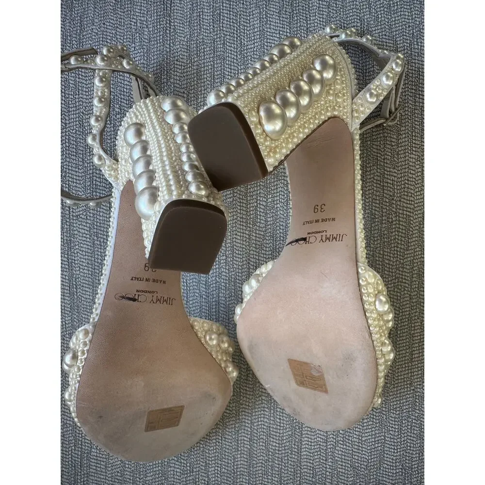 Jimmy Choo Pearl-Embellished Ivory Block Heel Sandals
